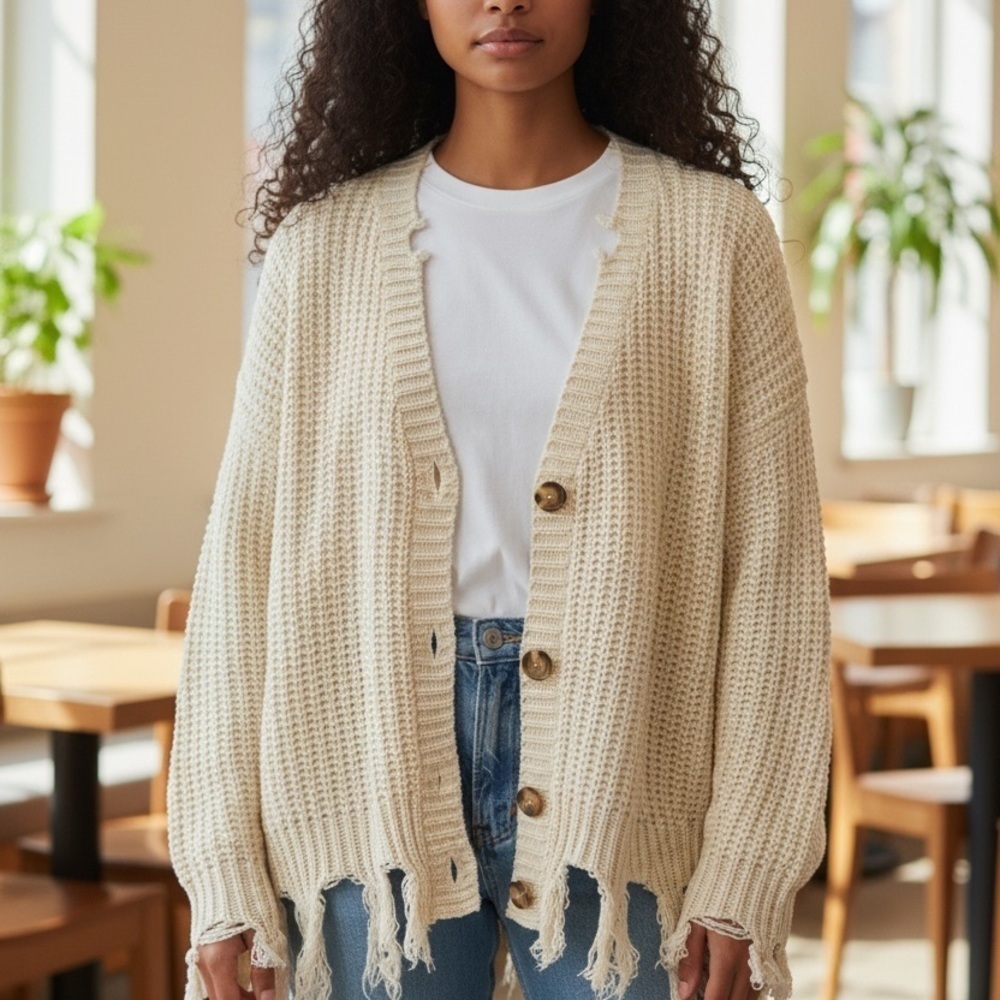 Elegant Cream Frayed Hem Cardigan